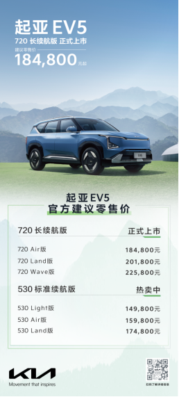 18.48万起/续航720公里 起亚EV5长续航版上市