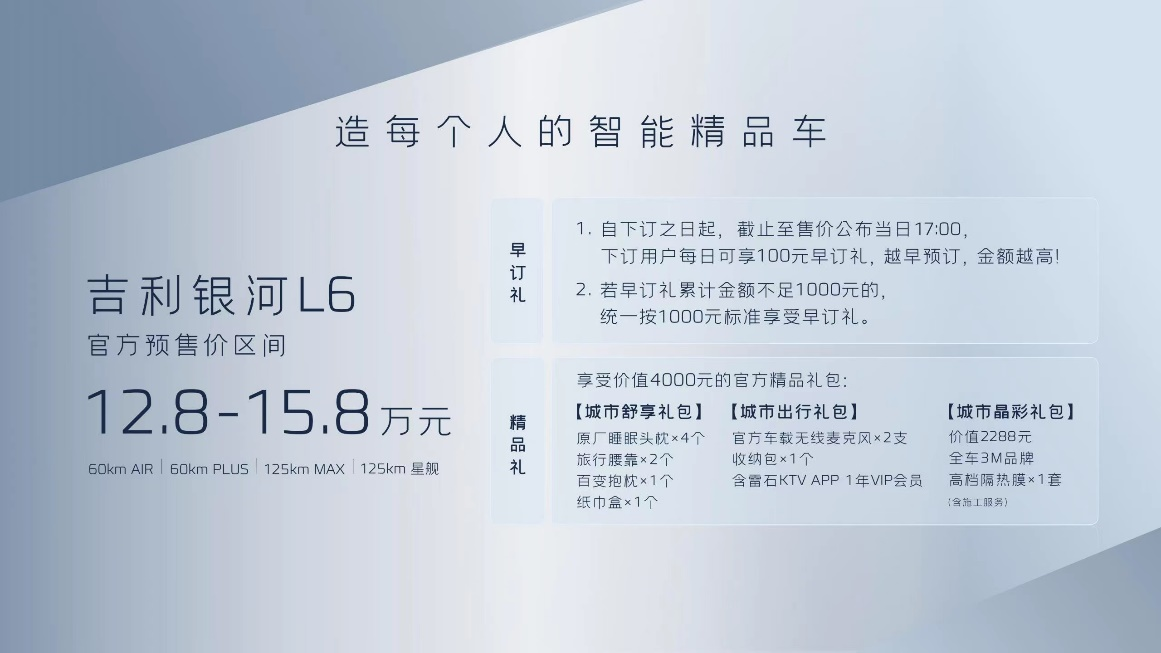 每天100元早订礼，预售价12.8~15.8万元，吉利银河L6正式开启预售